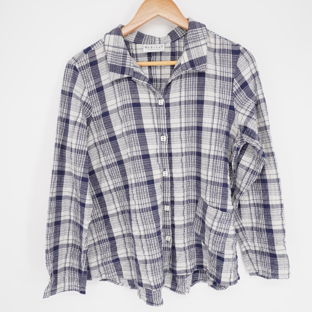 Habitat Plaid Button Up Shirt Women S Blue Crinkle Relaxed Pocket Cotton Stretch - Picture 2 of 13